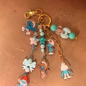 Smurfs Blue Charm Keychain with Stars & Bows junk journal book /bag charm
